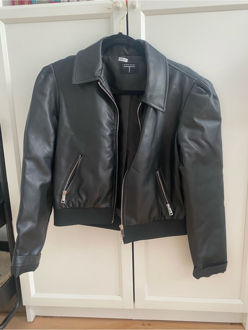 Tahari Black Faux Leather Bomber Jacket with Zip Pockets
